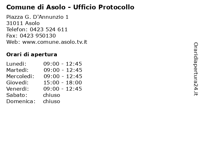 Orari di apertura Comune di Asolo Ufficio Protocollo